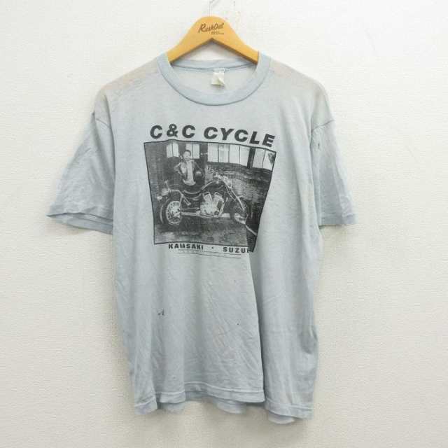 古着 半袖 ビンテージ Tシャツ メンズ 70年代 70s C&C CYCLE バイク スズキ カワサキ クルーネック USA製 薄紺 ネイビー  spe L 中古 古着｜au PAY マーケット