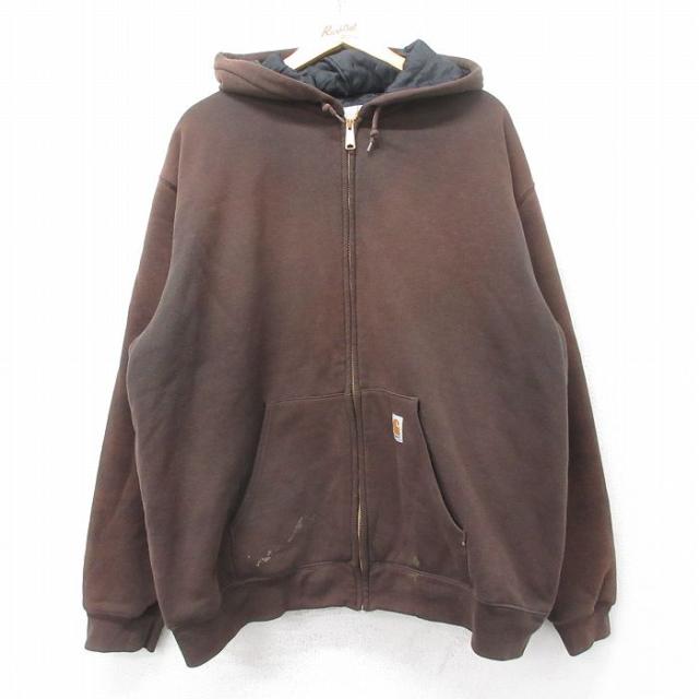 古着 カーハート Carhartt 長袖 フルジップ スウェット パーカー メンズ 大きいサイズ 茶 ブラウン 内側キルティング spe XLサ 中古 古着