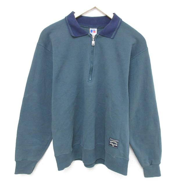 古着 ラッセル 長袖 ハーフジップ スウェット メンズ 90年代 90s 無地 襟付き USA製 濃緑 グリーン spe Mサイズ 中古 スエット 中古 古着