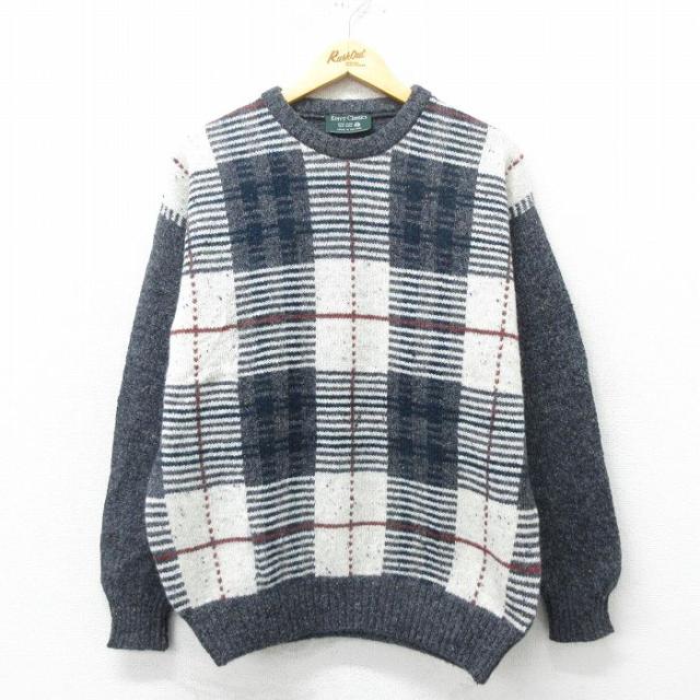 古着 長袖 セーター メンズ 00年代 00s ウール クルーネック アイルランド製 濃グレー他 Lサイズ 中古 ニット トップス 中古 古着