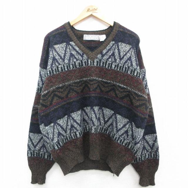 古着 長袖 セーター メンズ 90年代 90s 大きいサイズ アクリル Vネック 茶他 ブラウン XLサイズ 中古 ニット トップス 中古 古着