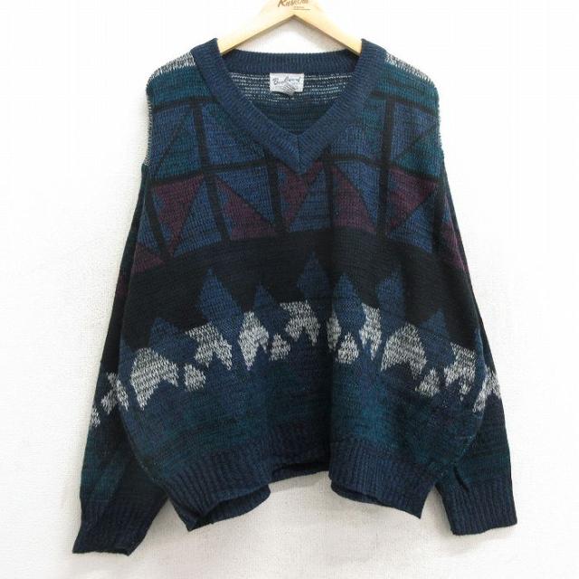 古着 長袖 セーター メンズ 90年代 90s 大きいサイズ アクリル Vネック 紺他 ネイビー XLサイズ 中古 ニット トップス 中古 古着