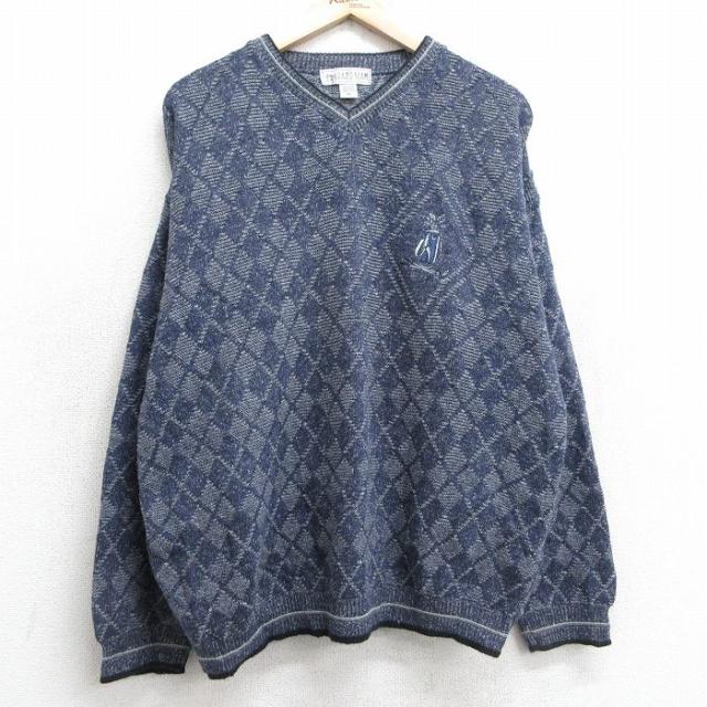 古着 グランドスラム 長袖 セーター メンズ 90年代 90s ゴルフ アーガイル Vネック USA製 紺系他 ネイビー XLサイズ 中古 ニッ 中古 古着