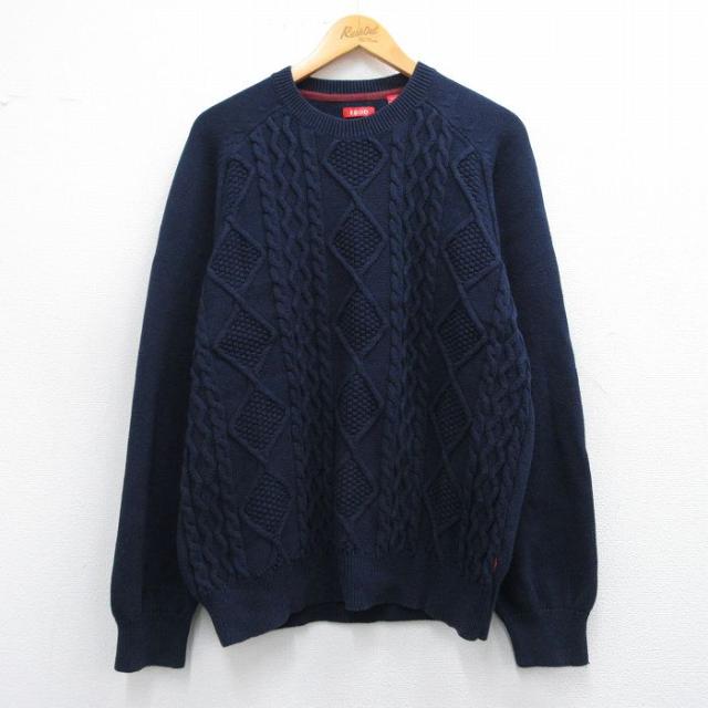 古着 IZOD 長袖 ケーブル セーター メンズ コットン クルーネック 紺