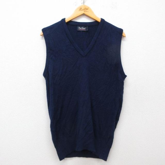 古着 ニット ベスト メンズ 90年代 90s 無地 アクリル Vネック 紺 ネイビー Sサイズ 中古 トップス 中古 古着