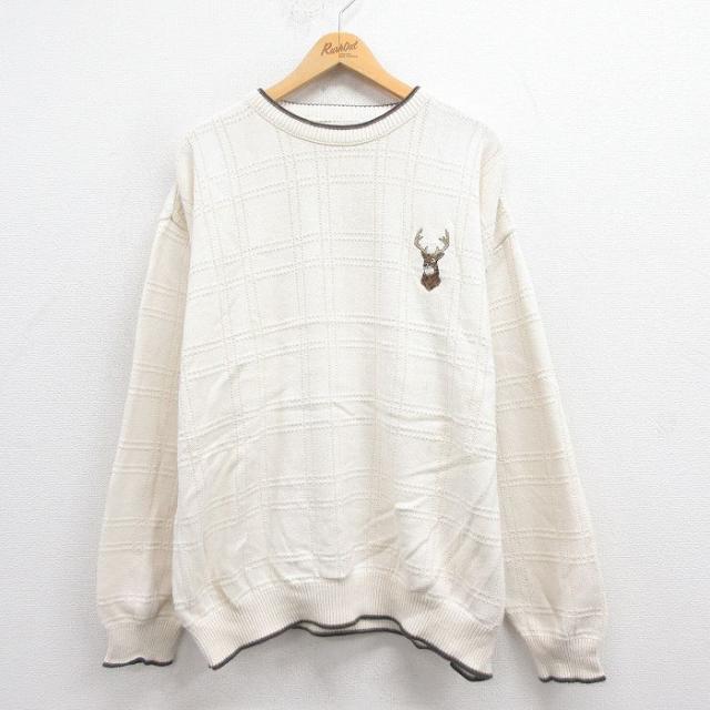 古着 長袖 セーター メンズ 90年代 90s シカ 大きいサイズ コットン クルーネック USA製 生成り XLサイズ 中古 ニット トップ 中古 古着