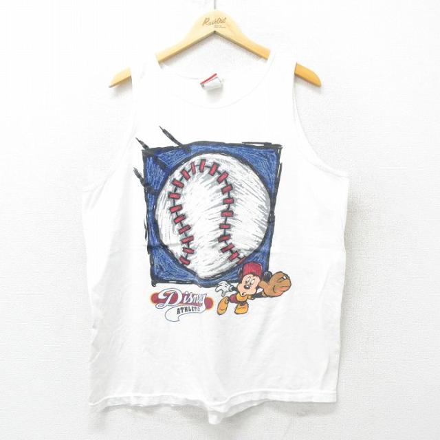 古着 ビンテージ タンクトップ メンズ 90年代 90s ミッキー MICKEY MOUSE 野球 大きいサイズ コットン クルーネック USA製 白  中古 古着の通販は 5,369円