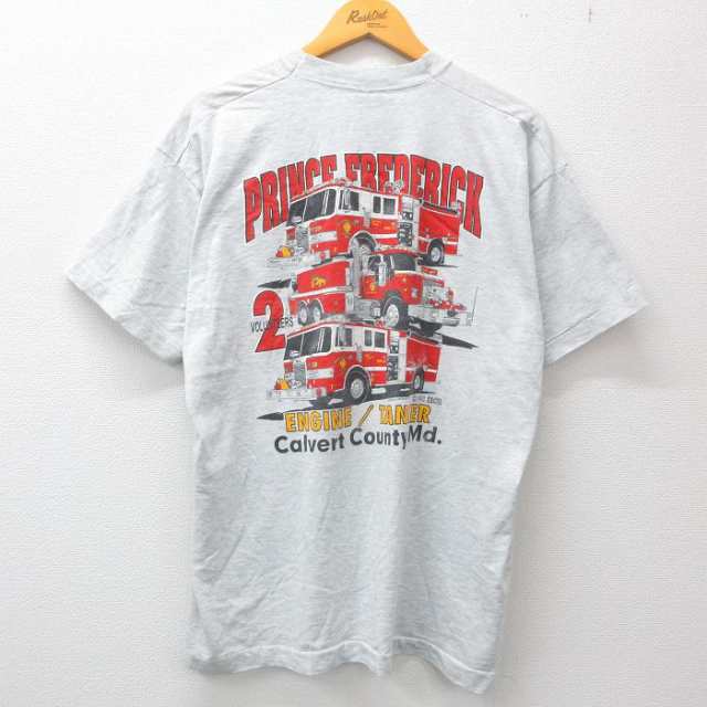 古着 半袖 ビンテージ Tシャツ メンズ 90年代 90s プリンスフレデリック 消防車 大きいサイズ クルーネック USA製 薄グレー 霜 中古  古着｜au PAY マーケット