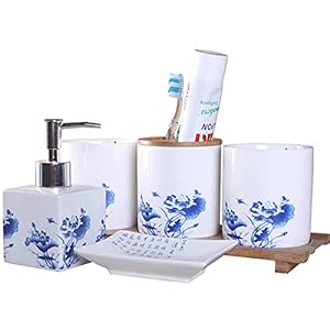 古典的な青と白のセラミックバスルーム5ピースセット、ローションボトル、 (中古品)の通販は