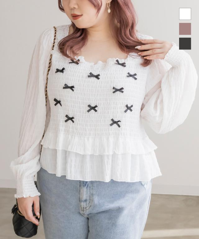 大きいサイズ/レディース/LL/3L/4L/CLETTEオリジナル★シャーリングリボンブラウスの通販は 4,955円