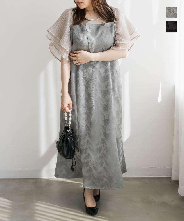 【完売商品】プリーツフレアスリーブレイヤード風ワンピースドレス 大きいサイズ/レディース/3L/4L/プリーツフレアスリーブレイヤード風