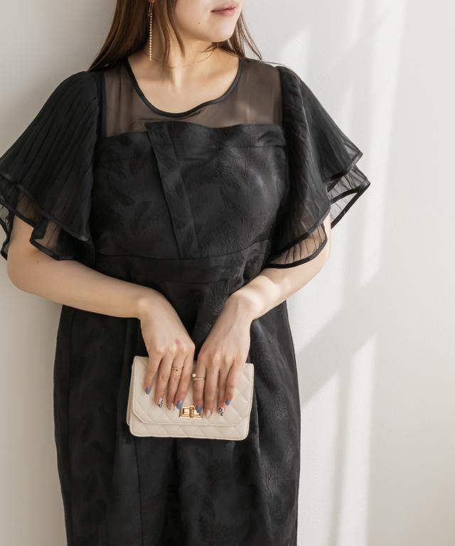 【完売商品】プリーツフレアスリーブレイヤード風ワンピースドレス 大きいサイズ/レディース/3L/4L/プリーツフレアスリーブレイヤード風