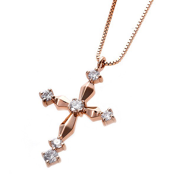 ダイヤモンド ネックレス クロス 0.1ct K18 ピンクゴールド 十字架 クロスモチーフ ペンダント 鑑別カード付き〔代引不可〕