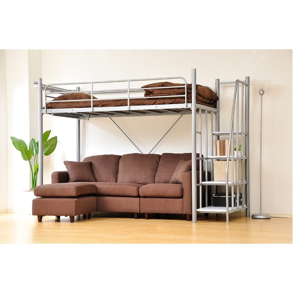 階段付き 宮付き ロフトベッド シングル (フレームのみ) シルバー 2口コンセント付き ベッドフレーム 組立品 マットレス別売〔代引不可〕の通販は 64,040円