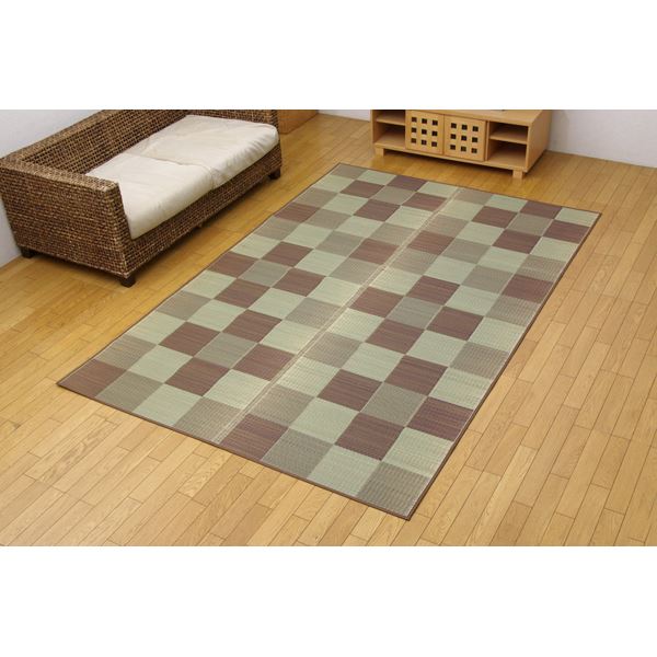 い草 花ござ/ラグマット 〔ブロック柄 ブラウン 江戸間4.5畳 261×261cm〕 日本製 耐久性抜群 抗菌 防臭 調湿 〔リビング〕〔代引不可〕の通販は