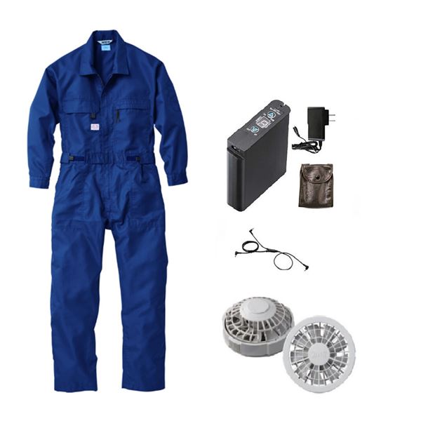 1-9820 空調服 R 綿・ポリ混紡製 空調つなぎ服 FAN2200G・CBB500・LIPRO2セット ネイビー 2L〔代引不可〕の通販は
