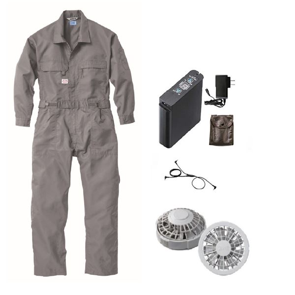 1-9820 空調服 R 綿・ポリ混紡製 空調つなぎ服 FAN2200G・CBB500・LIPRO2セット グレー 4L〔代引不可〕の通販は