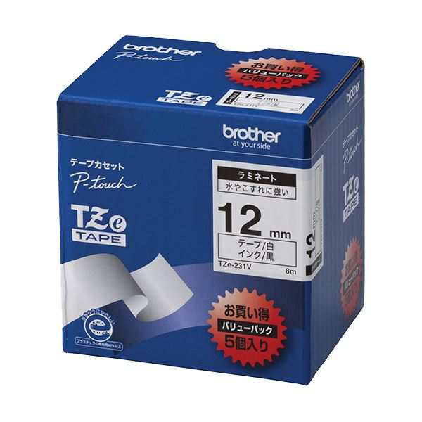 ブラザー工業 TZeテープ ラミネートテープ(白地/黒字) 12mm 5本パック TZe-231V〔代引不可〕の通販は