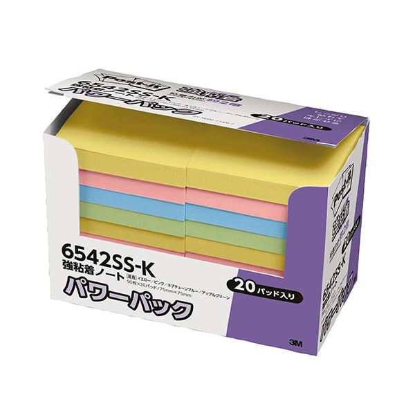 3M ポスト・イット パワーパック強粘着ノート 75×75mm 4色混色 パステルカラー 6542SS-K 1パック（20冊）〔代引不可〕の通販は