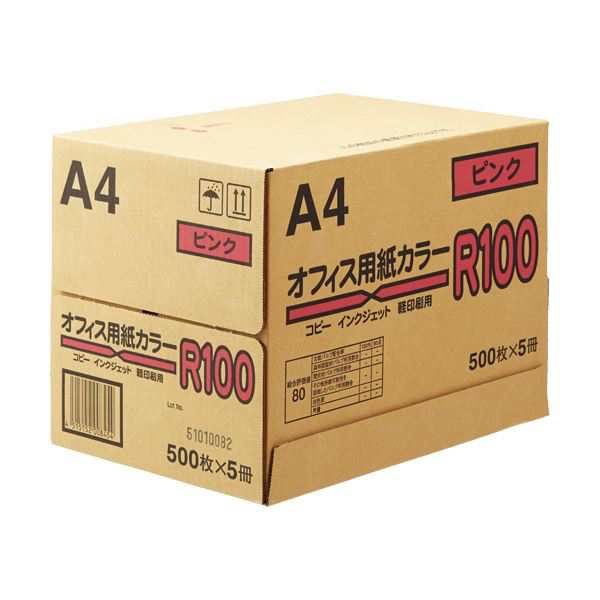 （まとめ）日本紙通商 オフィス用紙カラーR100A4 ピンク 1箱(2500枚:500枚×5冊) 〔×2セット〕〔代引不可〕