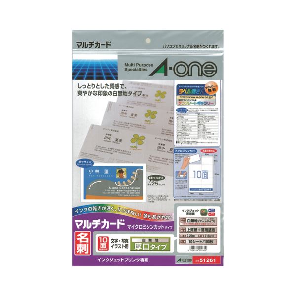 エーワン マルチカード インクジェットプリンター専用紙 白無地 厚口タイプ A4判 10面 名刺サイズ 51261 1冊(10シート) 〔×10セット〕〔代引不可〕の通販は
