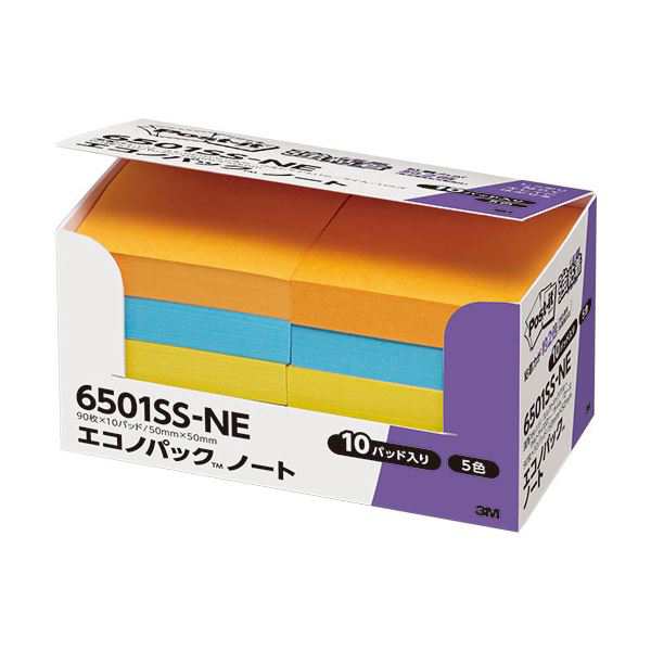 (まとめ) 3M ポストイット エコノパック 強粘着ノート 50×50mm ネオンカラー5色 6501SS-NE 1パック（10冊） 〔×10セット〕〔代引不可〕