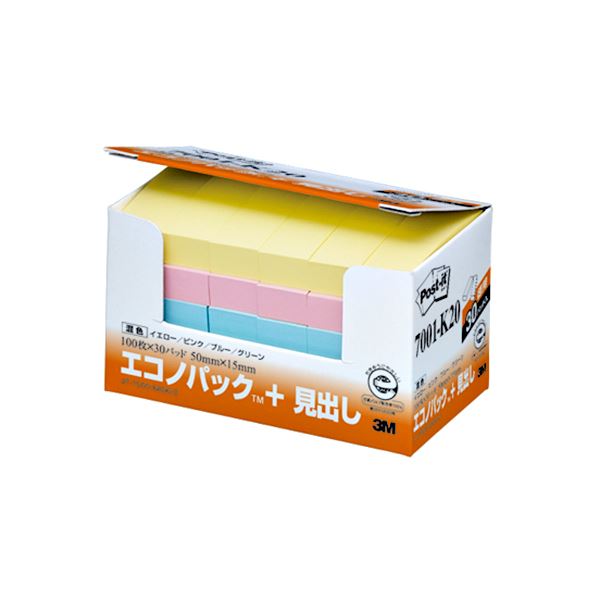 (まとめ) 3M ポストイット エコノパック 見出し 再生紙 50×15mm 混色 7001-K20 1パック（30冊） 〔×10セット〕〔代引不可〕