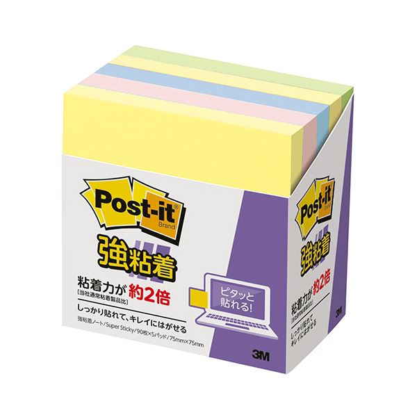 (まとめ) 3M ポスト・イット 強粘着ノートパステルカラー 75×75mm 混色 654-5SSAP 1パック（5冊） 〔×10セット〕〔代引不可〕