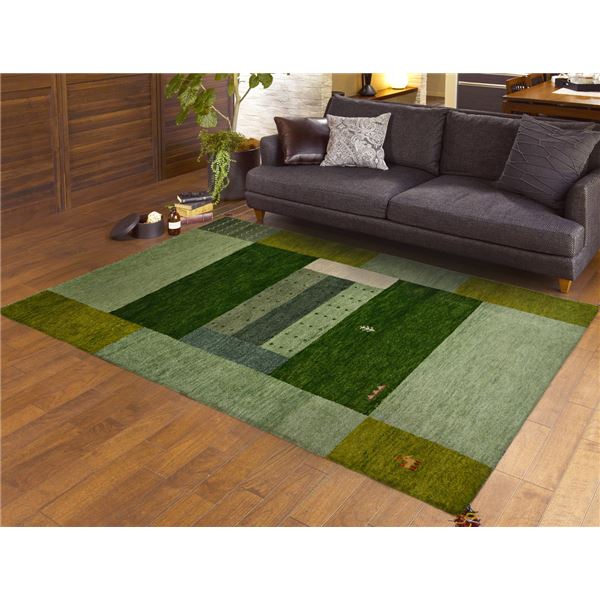 ギャッベ ラグマット/絨毯 〔約70×120cm グリーン〕 ウール100％ 保温機能 調湿効果 オールシーズン対応 〔リビング〕〔代引不可〕の通販は
