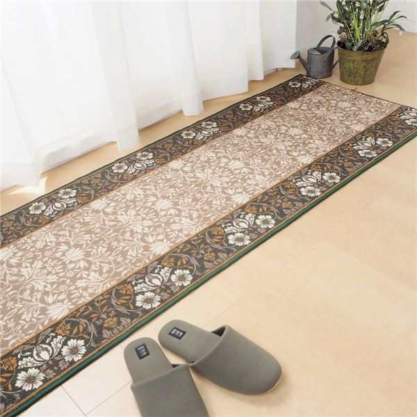 廊下カーペット/キッチンマット 〔約67×340cm グリーン〕 洗える 防滑 防キズ加工 高耐久性 『エレガンス』 〔玄関 台所〕【代引不可】