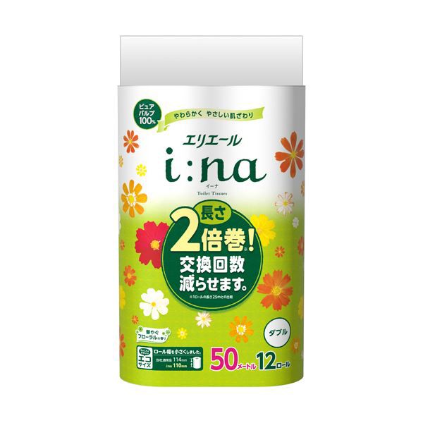 （まとめ）大王製紙 エリエールi：na（イーナ）トイレットティシュー ダブル 芯あり 50m 1パック（12ロール）〔×5セット〕〔代引不可〕の通販は 8,333円