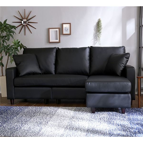 モダン カウチソファー 【3人掛け PVCブラック】 約幅183cm 【公式通販】