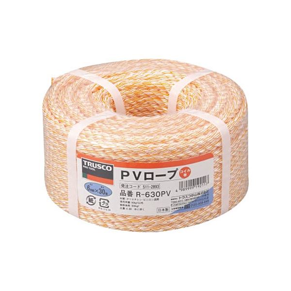 TRUSCO PVロープ 6mm×30m コイル巻 黄 R-630PV 1巻〔代引不可〕の通販は