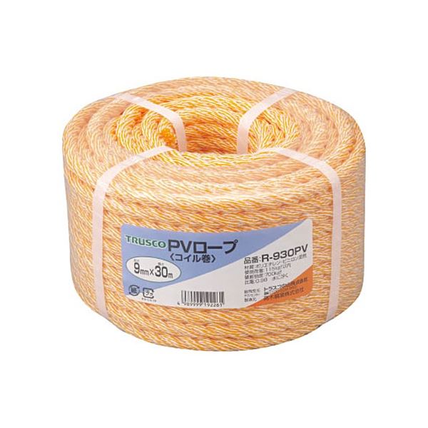 TRUSCO PVロープ 9mm×30m コイル巻 黄 R-930PV 1巻〔代引不可〕の通販は 6,225円