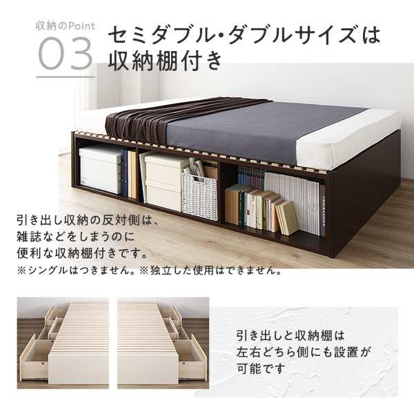 〔組立設置付き〕 収納 ベッド セミダブル 国産薄型ポケットコイルマットレス付き ホワイト AAA 引き出し ヘッドレス 日本製〔代引不可〕の通販は