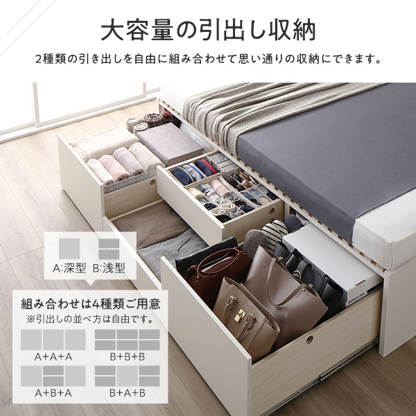 〔お客様組立〕 収納 ベッド ダブル フレームのみ ホワイト ABB 引き出し 棚付き 宮付き 日本製〔代引不可〕の通販は