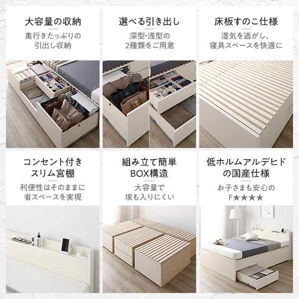 〔お客様組立〕 収納 ベッド ダブル フレームのみ ホワイト BBB 引き出し 棚付き 宮付き 日本製〔代引不可〕の通販は