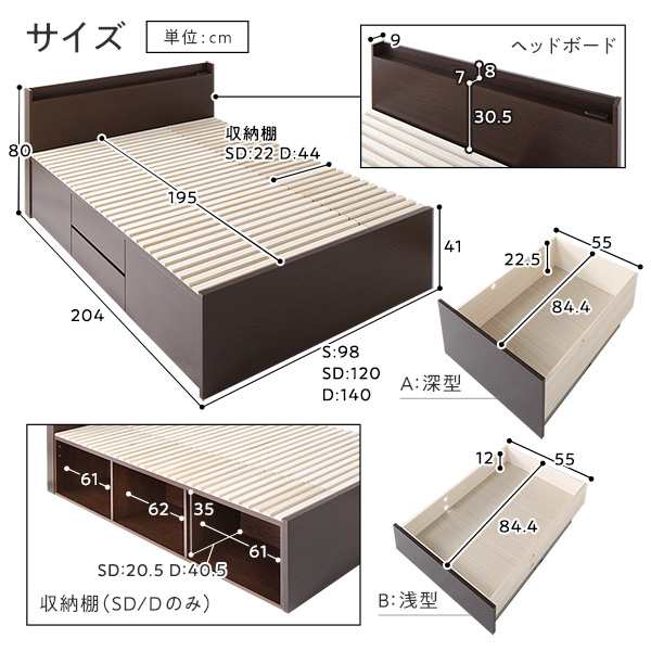 〔お客様組立〕 収納 ベッド ダブル フレームのみ ホワイト BBB 引き出し 棚付き 宮付き 日本製〔代引不可〕の通販は