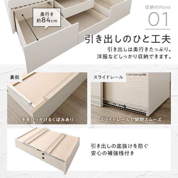 〔お客様組立〕 収納 ベッド ダブル フレームのみ ホワイト BBB 引き出し 棚付き 宮付き 日本製〔代引不可〕の通販は