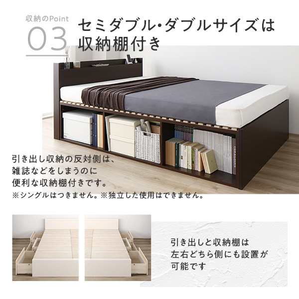 〔お客様組立〕 収納 ベッド ダブル フレームのみ ホワイト BBB 引き出し 棚付き 宮付き 日本製〔代引不可〕の通販は