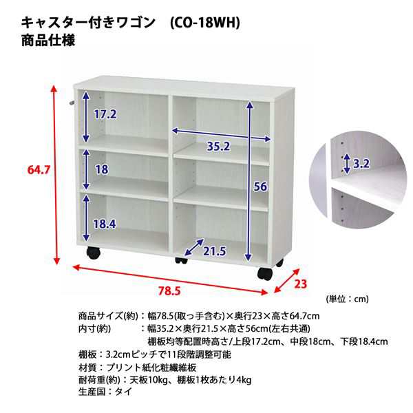 サイドワゴン 約幅78.5cm ホワイト キャスター付き 収納棚 組立品