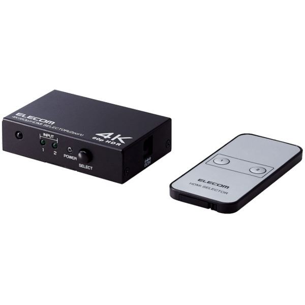 エレコム HDMI切替器/4K60P対応/2ポート/2入力1出力/専用リモコン付/ブラック DH-SW4KP21BK〔代引不可〕