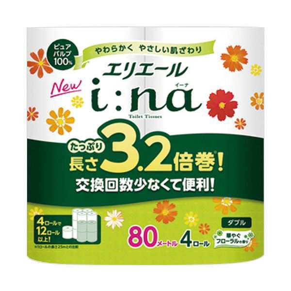 大王製紙 エリエールi：na（イーナ）トイレットティシュー 3.2倍巻 ダブル 芯あり 80m 1セット（64ロール：4ロール×16パック）〔代引不可〕の通販は