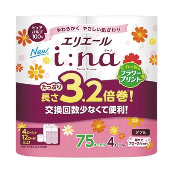 (まとめ）大王製紙 エリエールi：na（イーナ）トイレットティシュー 3.2倍巻 フラワープリント ダブル 芯あり 75m 1セット（64ロール：4