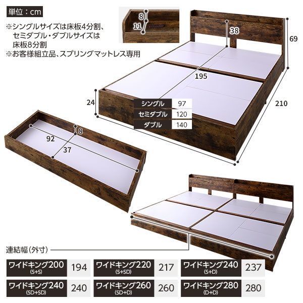 ベッド ワイドキング 220(S+SD) 国産ポケットコイルマットレス付き ヴィンテージブラウン 2台セット 収納付き 宮付き 棚付き コンセント付き〔代引不可〕の通販は