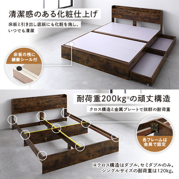 ベッド ワイドキング 220(S+SD) 国産ポケットコイルマットレス付き ヴィンテージブラウン 2台セット 収納付き 宮付き 棚付き コンセント付き〔代引不可〕の通販は