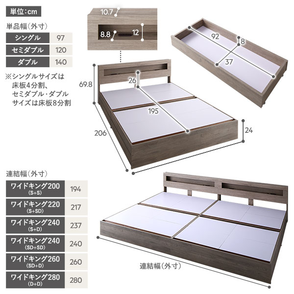 ベッド ワイドキング 260(SD+D) ボンネルコイルマットレス付き ホワイト 照明付き 収納付き 引き出し付き 棚付き 宮付き コンセント付き〔代引不可〕の通販は