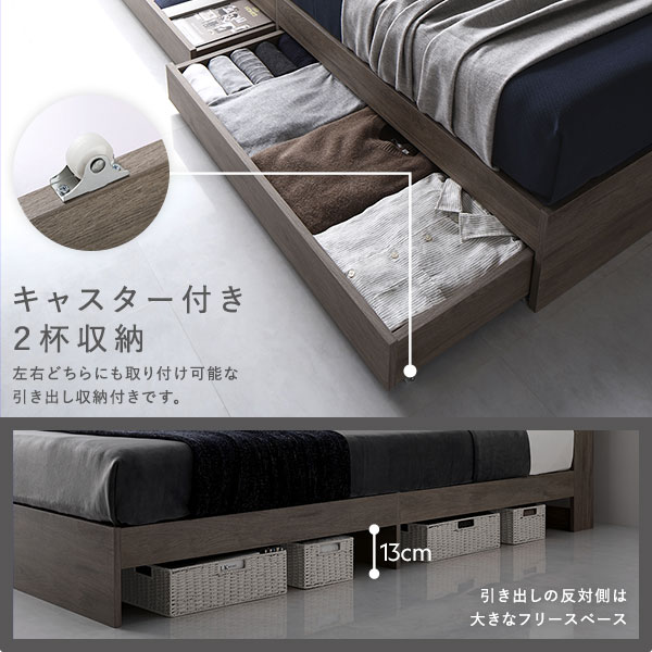 ベッド ワイドキング 280(D+D) ベッドフレームのみ ストーングレー 照明付き 収納付き 引き出し付き 棚付き 宮付き コンセント付き〔代引不可〕の通販は