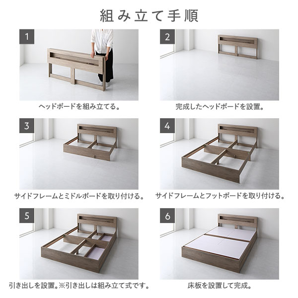 ベッド ワイドキング 280(D+D) ベッドフレームのみ ストーングレー 照明付き 収納付き 引き出し付き 棚付き 宮付き コンセント付き〔代引不可〕の通販は