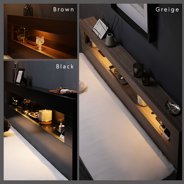 ベッド ワイドキング 280(D+D) ベッドフレームのみ ストーングレー 照明付き 収納付き 引き出し付き 棚付き 宮付き コンセント付き〔代引不可〕の通販は